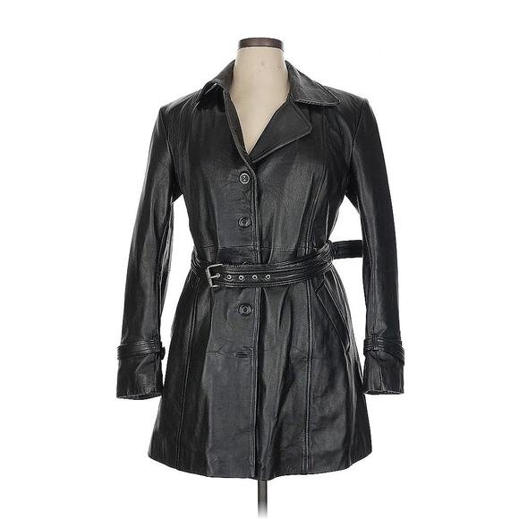 Genuine Leather Trench Belted Jacket Blazer Coat Black Longline Moto Buckle - Picture 1 of 12